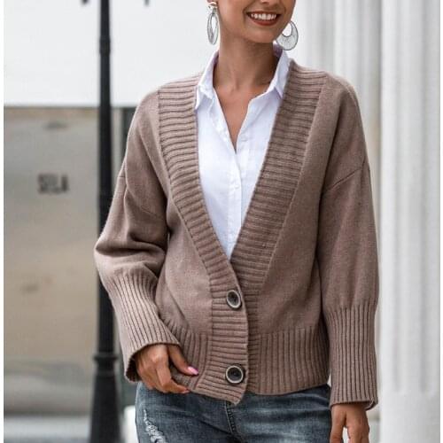 Women Autumn Lantern Sleeve Knitted Short Cardigan Single Breasted Buttons Open Front V-Neck Sweater Solid Color Casual Outwear