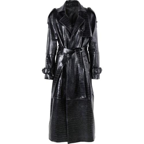 YOLOAgain Women Crocodile Pattern Long Leather Coat Real Leather Trench Coat With Belt