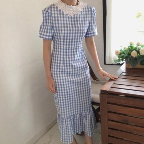 Korea Blue Plaid Dress Women Summer Short Sleeves O-Neck Lace Patchwork A-Line Casual Dress Vintage Midi Party Dresses