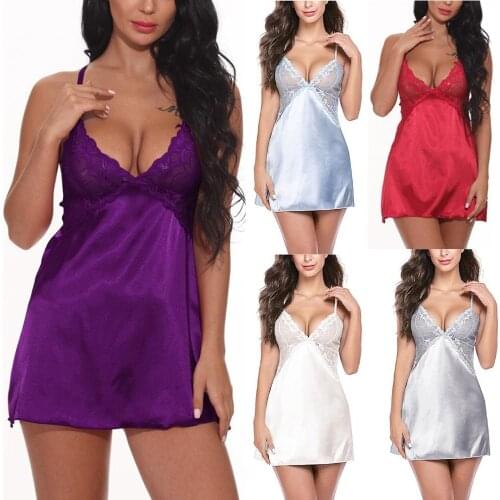 Women intimates sexy Nightswear Slips Sling Bow Nightdress Lingerie V Neck Satin Lace Dress Chemise