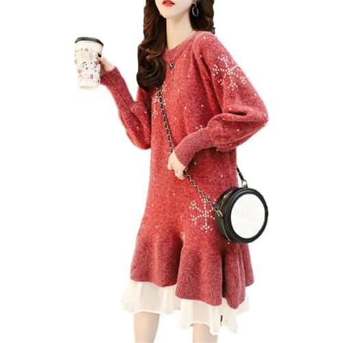 Autumn Fashion Long Knitted Sweater Dress Women Net Yarn Hem Splicing Vestidos Slim Long Sleeve Knitting Trumpet Dresses Female