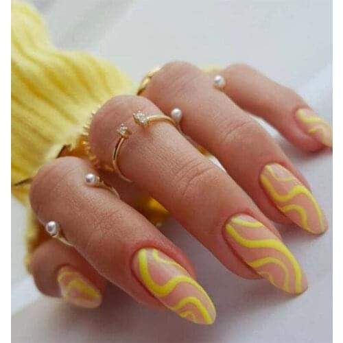 24pcs Yellow Lines Nail Patch Round Head Glue Type Removable Long Paragraph Fashion Manicure False Nail Patch NE