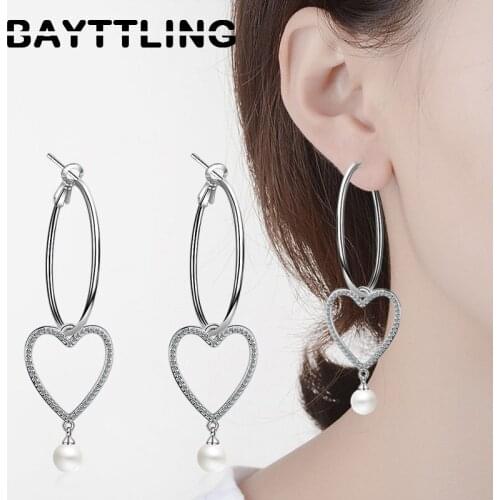 BAYTTLING 925 Sterling Silver 72MM Luxury Heart Zircon Pendant Round Pearl Earrings For Woman Fashion Wedding Party Jewelry Gift