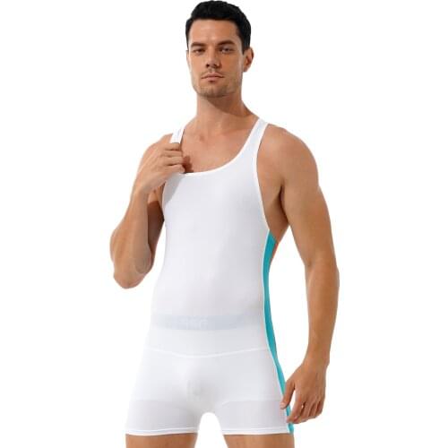 Mens Stretchy Wrestling Skinny Bodysuit Contrast Color Stripe Athletic Sportwear Round Neck Sleeveless Playsuit Leotard Swimwear