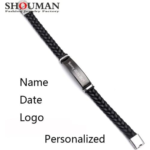 SHOUMAN Personalized Engrave Name Date Logo Black Braid Woven Leather Bracelet Stainless Steel Men Bangle Women Jewelry Gift
