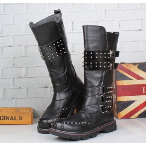 ERRFC Designer Cowboy Motorcycle Boots Men Punk Rivets Buckle Round Toe Riding Boot Man PU leather Leisure Boot Shoes Black 34cm