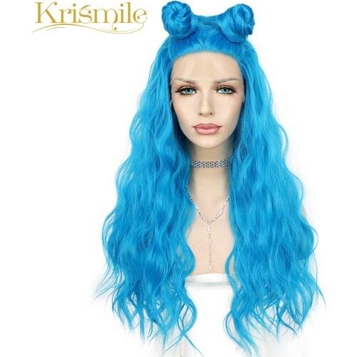 Krismile Long Synthetic Lace Front Wigs Blue Color Water Wave Hair for Women Party Cosplay Drag Queen Daily High Temperature