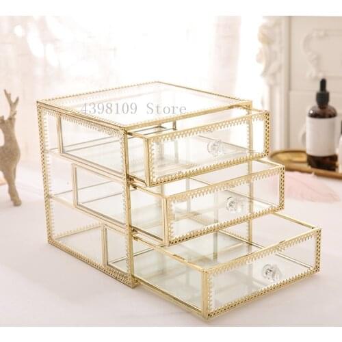 Double-layer retro copper gold glass jewelry box watch earrings jewelry finishing box drawer type cosmetics storage box