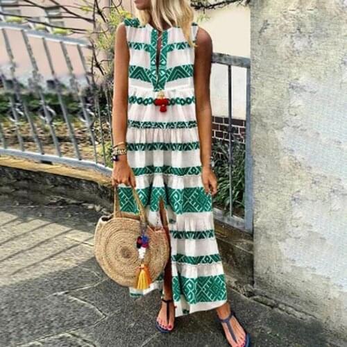 Everkaki Boho Striped Print Maxi Dress Women Summer Vestidos Sashes Ladies Gypsy Split Long Dresses Female 2021 New Fashion