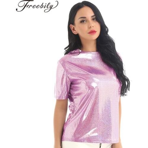 Summer Women t shirt Sparkly Shiny Reflective Metallic Loose tshirt Fashion O-Neck Short Sleeve Tops Woman Tees Harajuku Top Tee