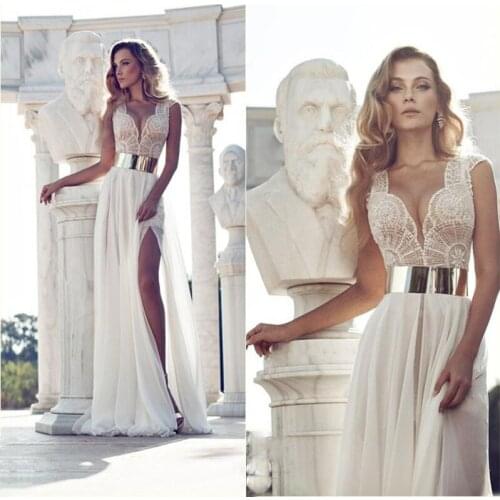 Exquisite Beading Julie Vino In Stock Wedding Dresses Ivory V-Neck Gold Belt A-Line Side Slit Floor-length Chiffon Bridal Gowns