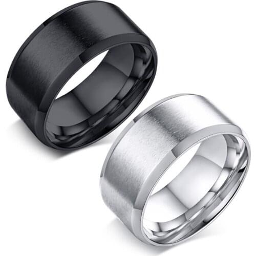 Basic Mens Wedding Bands Ring 10mm Silver Color Black Stainless Steel Matte Finish Beveled Polished Comfort Fit