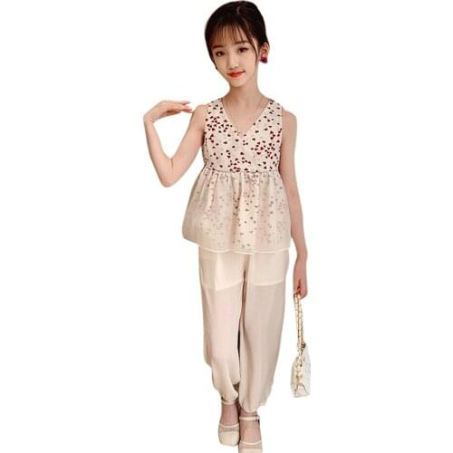 Teen Girls Clothing Heart Vest + Pants Costume For Girls Mesh Costumes For Girls Summer Tracksuits For Children 6 8 10 12 14