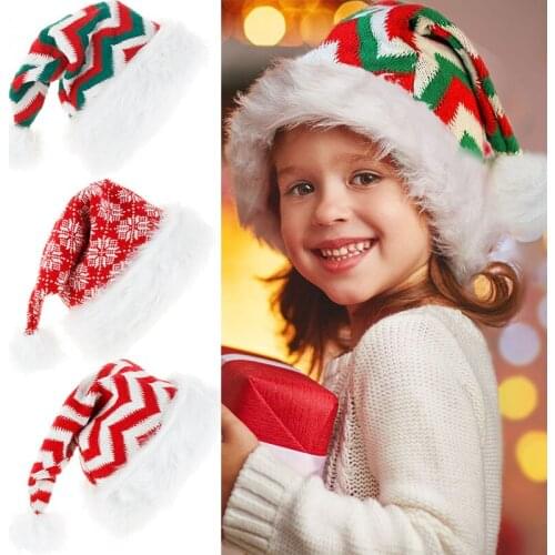 Red Christmas Hat For Adult Kids Snowflake Warm Plush Santa Claus Hats Cap For New Year Xmas Party Supplies Kids Gifts Navidads