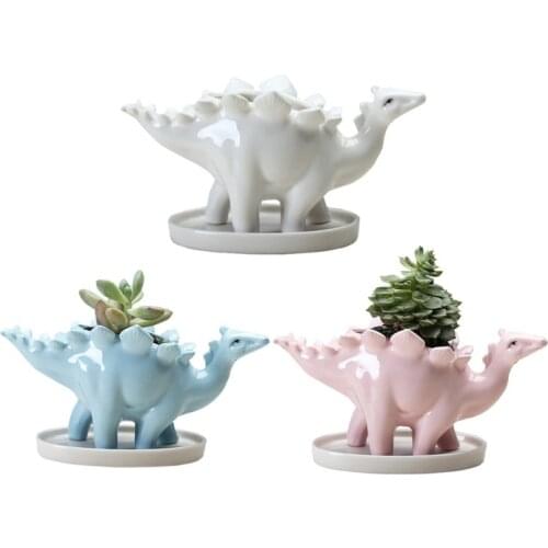 Creative Ceramic Stegosaurus Flower Pot Succulent Garden Desktop Decoration With Tray Dinosaur Flower Planter Pot