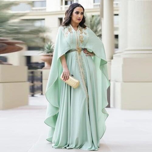 Moroccan Caftan Mint Green Evening Dresses Long In Stock Half Sleeves Dubai Formal Gown Embroidery Prom Dress Plus Size