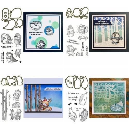 Metal Cutting Dies With Clear Stamps Set Birds Penguin Puffer Fish Fox Elk Animals Sled Gift Mixed Style DIY Craft Cards 2021