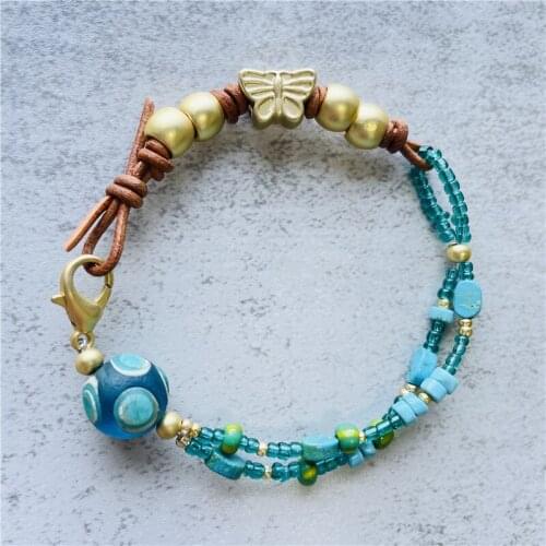 Fashion HQ Gold Plated Leather Strand Bracelet Blue Beaded Bracelets for Woman Simple Leather Jewelry for Women Accessories