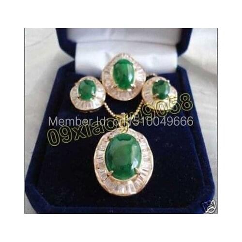 Hot sale FREE SHIP>>>Design elegant green STONE inlaid Zircon Necklace Earrings Ring Set