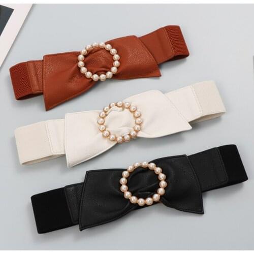 Big Bow PU Leather Waist Belt for Women Pearl Elastic Waistband Belt Female Cinturon Dress Corset Strap 2021 Autumn Women Belt
