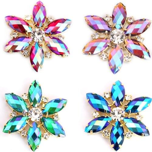 1PCS 3.5x3.5cm 4.5x4.5cm Colorful AB Navette Round Flower Sewing On Rhinestone Applique With Gold Base For Wedding Dress F0135