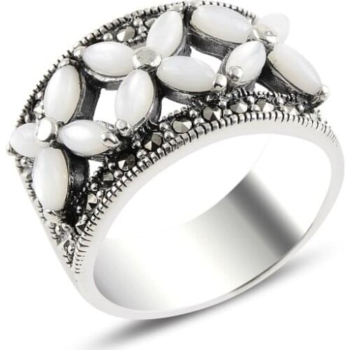 Silver 925 Sterling Pearl & Marcasite Ring