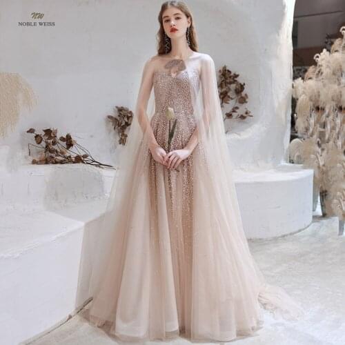 Evening Dresses Champagne A-Line Tulle Sweep Train Sleeveless Evening Gown Lace Up Backless Evening Dress with 2m Wrap