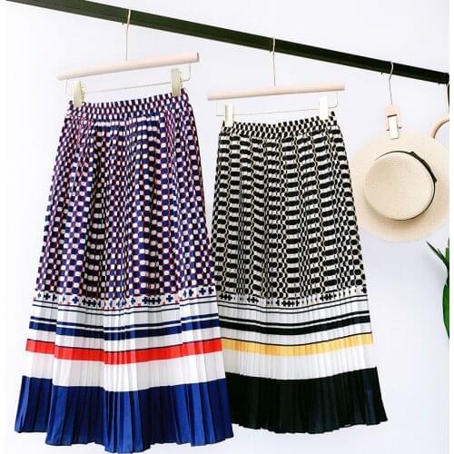 2020 Spring Summer New Ethnic Style Printed Pleated Skirt Fashion Contrasting Color Striped Floral Slim-Fit A- line Skirt