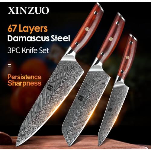 XINZUO 3 PCS Kitchen Knives Sets VG10 Damascus Steel Santoku Kitchen Chef Knives Sharp Cleaver Slicing Knives Gift Knife Tools