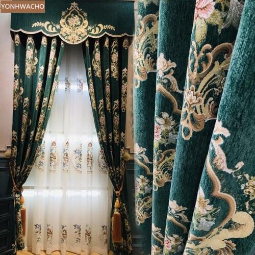 Custom curtain luxury American chenille jacquard thickheat insulation green cloth blackout curtain valance tulle panel C664