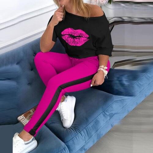 2020 Womens Red Lip Printed Short Sleeve + Pants Set Women 2020 New Two-piece Suit Summer Hot Tracksuit Outfits