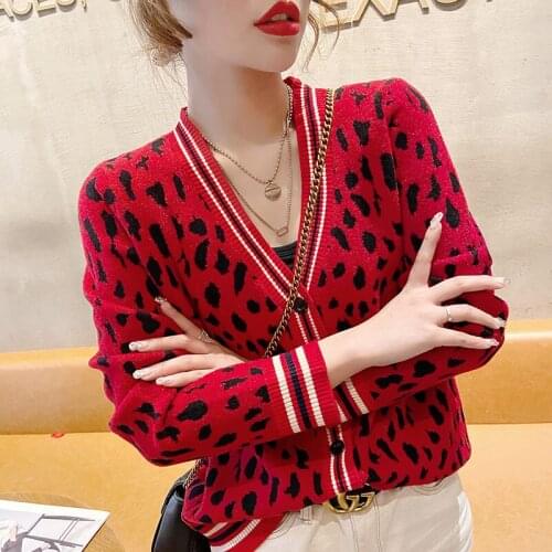 Womens Knitted Cardigan V Neck Leopard Contrast Color Stripe Long Sleeves Sweater Wholesale Luxury Vintage Female Red Clothes