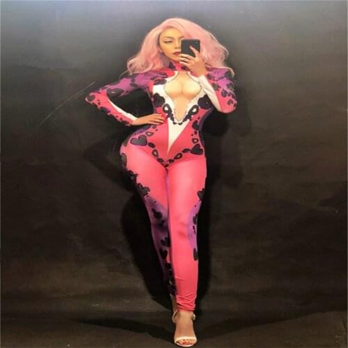 S76 Rhinestone female ballroom dress singer prom jumpsuit pink stage wears cloth dj outfit costumes pole dancer bodysuit party