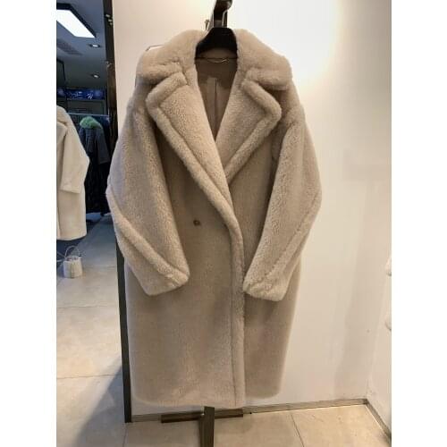 MENINA BONITA Real Fur Long Coat Winter Jacket Women 100% Wool Woven Fabric Thick Warm Loose Outerwear Oversize Streetwear Teddy