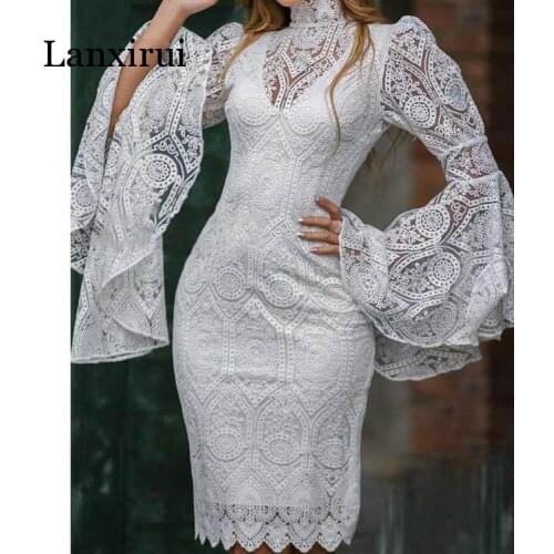 Women Summer Party Lace Dress Sexy Bodycon Pencil Dress Sexy Club Flare Sleeve Hollow Out Club Dress Vestido