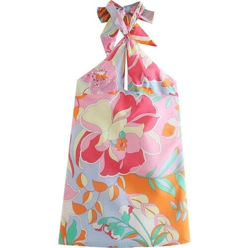 2021 Women Sexy Colorful Floral Print Bow Tied Halter Mini Dress Ladies Side Zipper Backless Slim Summer Vestidos