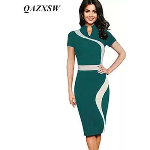 QAZXSW New Patchwork Stylish Elegant Casual Work Short Sleeve Gather V-Neck Bodycon Women Office Pencil Slim Dress YX0036