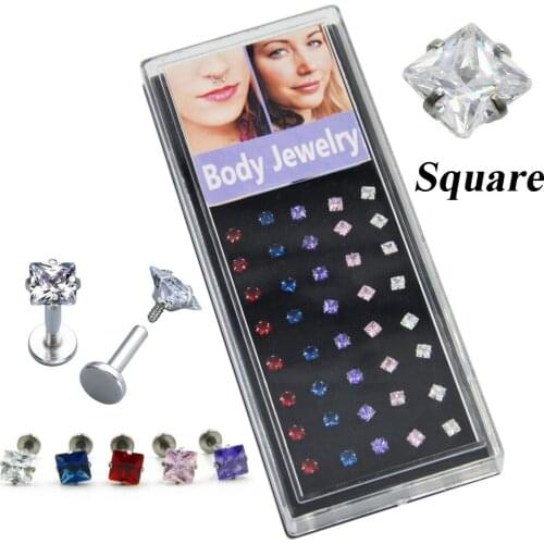40pieces Square CZ Crystal Lip Piercing Jewelry Body Labret Stud Ear Helix Tragus Cartilage Internally Threaded Labret Ring