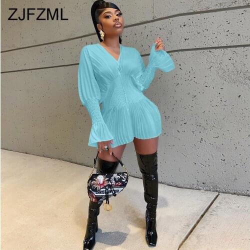 Black White Ruched Draped Slim Fit Mini Dress Women Deep V Neck Long Flare Sleeve Party Dresses Autumn High Waist Bandage Dress