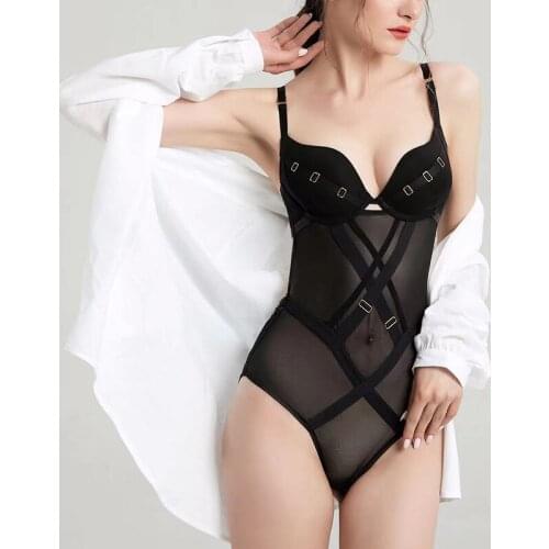 Black Sexy Mesh Transparent Cross Bandage Bodysuits with Cup Deep Plunge Bustiers Corsets Open Crotch Underwear Women Lingerie