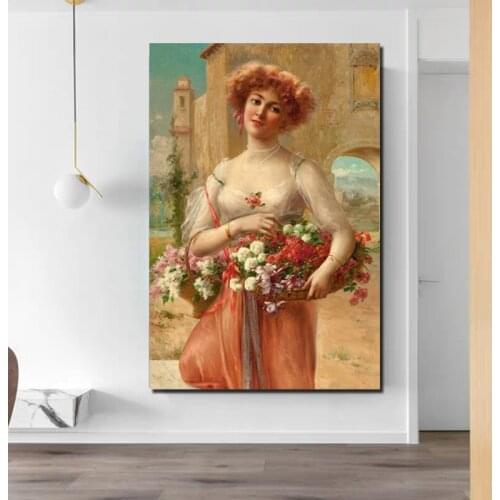 Emile Vernon Girl Holding Flower Basket Canvas Painting Print Living Room Home Decor Modern Wall Art Oil Painting Poster Artwork