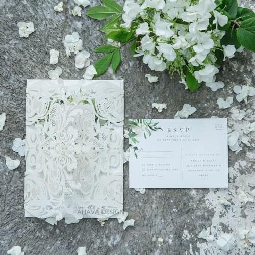 EvelynS Garden-Lush Greenery Inspired Invitation With Ivory Shimmer Laser Cut Wrap