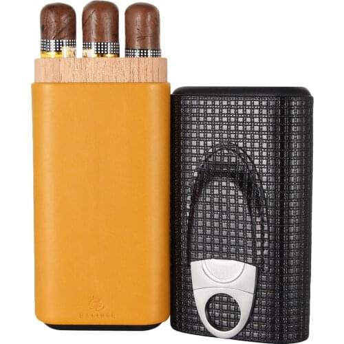 GALINER Leather Cigar Case Travel Cigar Humidor Box 3 Tube Holder Cigar Cutter Gadgets Portable Cedar Wood Zigaretten Box