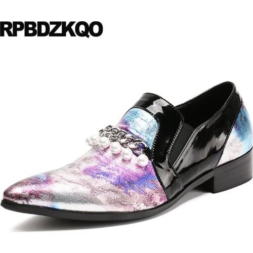Custom Italian Mens Shoes Brands High Quality 46 Large Size Fashion Metal Luxury Pointed Toe Real Leather European Chain Pearl