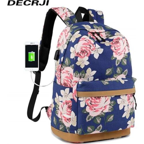 DECRJI Fashion Female Backpack Women Flower Printing USB Charging School Bags For Teenage Girls Laptop Ladies Backpacks Zipper
