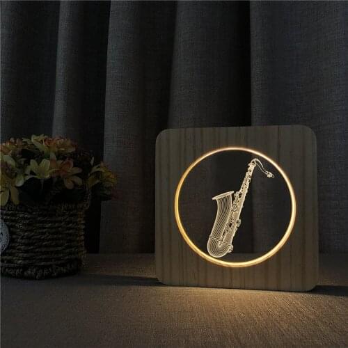Saxphone Musical instrument 3D LED Arylic Wooden Night Lamp Table Light Switch Control Carving Lamp for Childrens Room Decorate