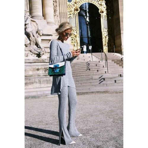 Summer New Womens Grey Round Collar Sleeved Blouse Two Sets Loose Belt Open Horn Trousers Long Pants Suit