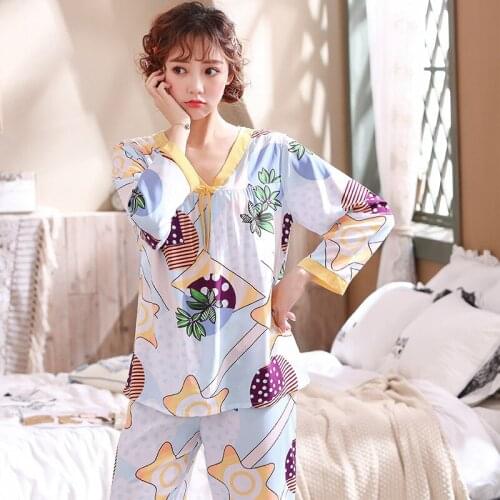 2020 Womens Pajamas, Long-sleeved Trousers, Cotton Silk Suit, V-neck Pullover, Korean Printing Large Size Viscose Home Service