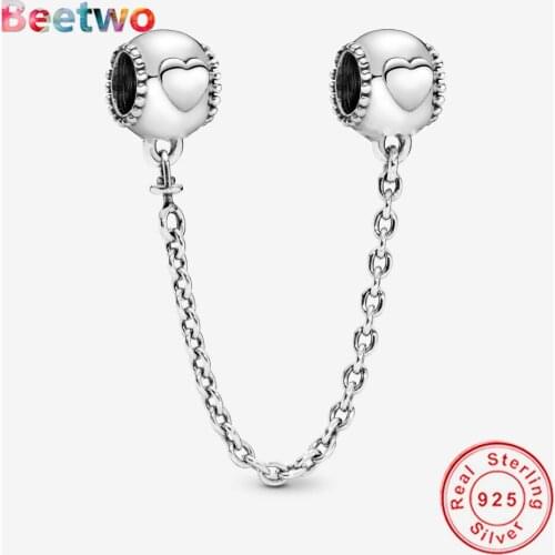 Fit Original Pandora Embossed Hearts Safety Chain Charm Bracelet Charms 925 Silver Charm Necklace Pendant Berloque Jewelry