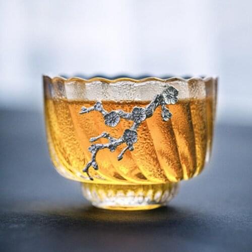 Transparent Glass Flower Tea Cup Japanese-style High Temperature Glass Cup with Plum Decoration Personalized Gift Cup Drinkware